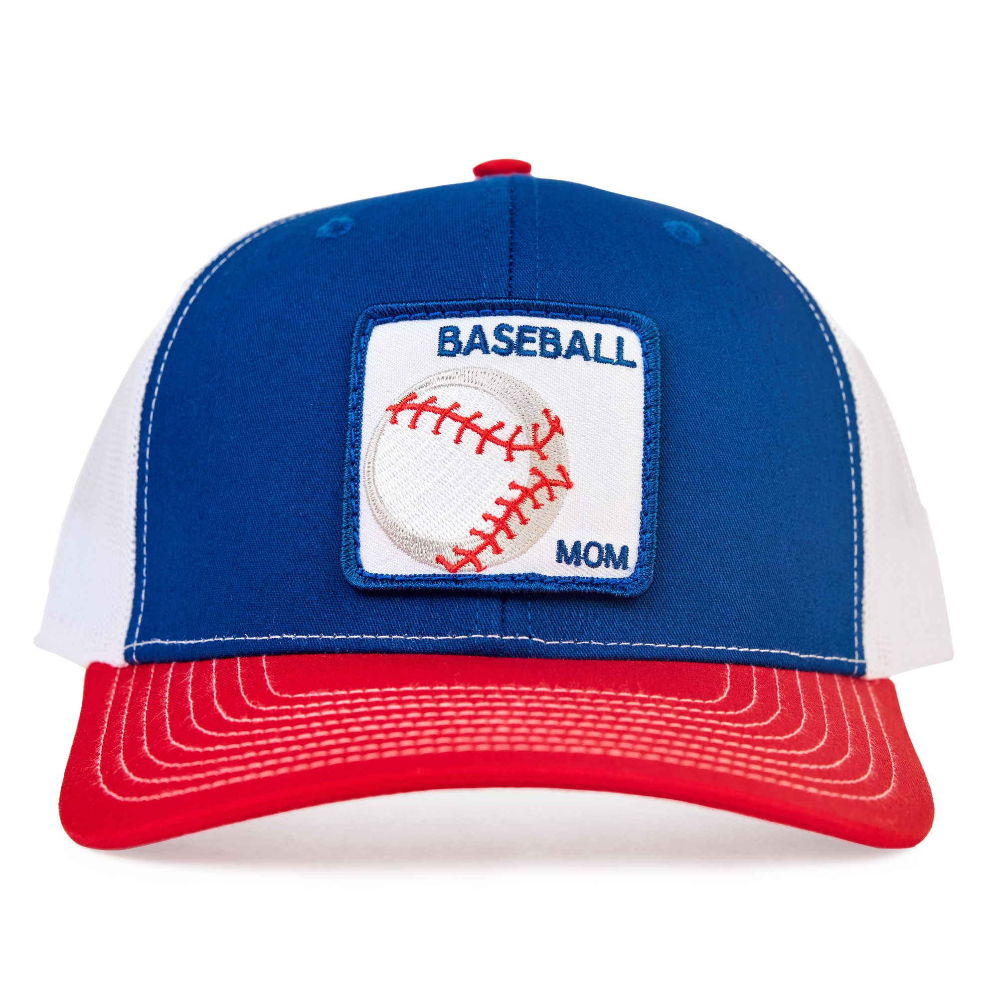 Baseball tri color Blue Front, Red Bill, White Back Front View